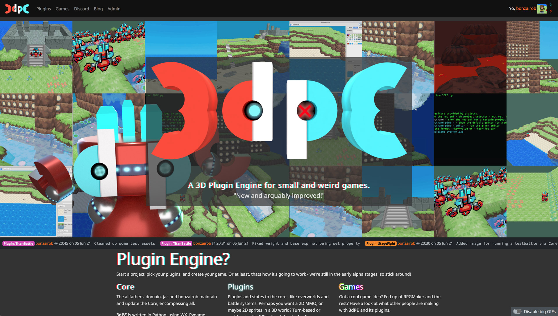 The front page is meant to be bold and enticing. The chequerboard of images in the background should fire off the imagination. Many of them are animated gifs, with the option to disable them on the bottom right.