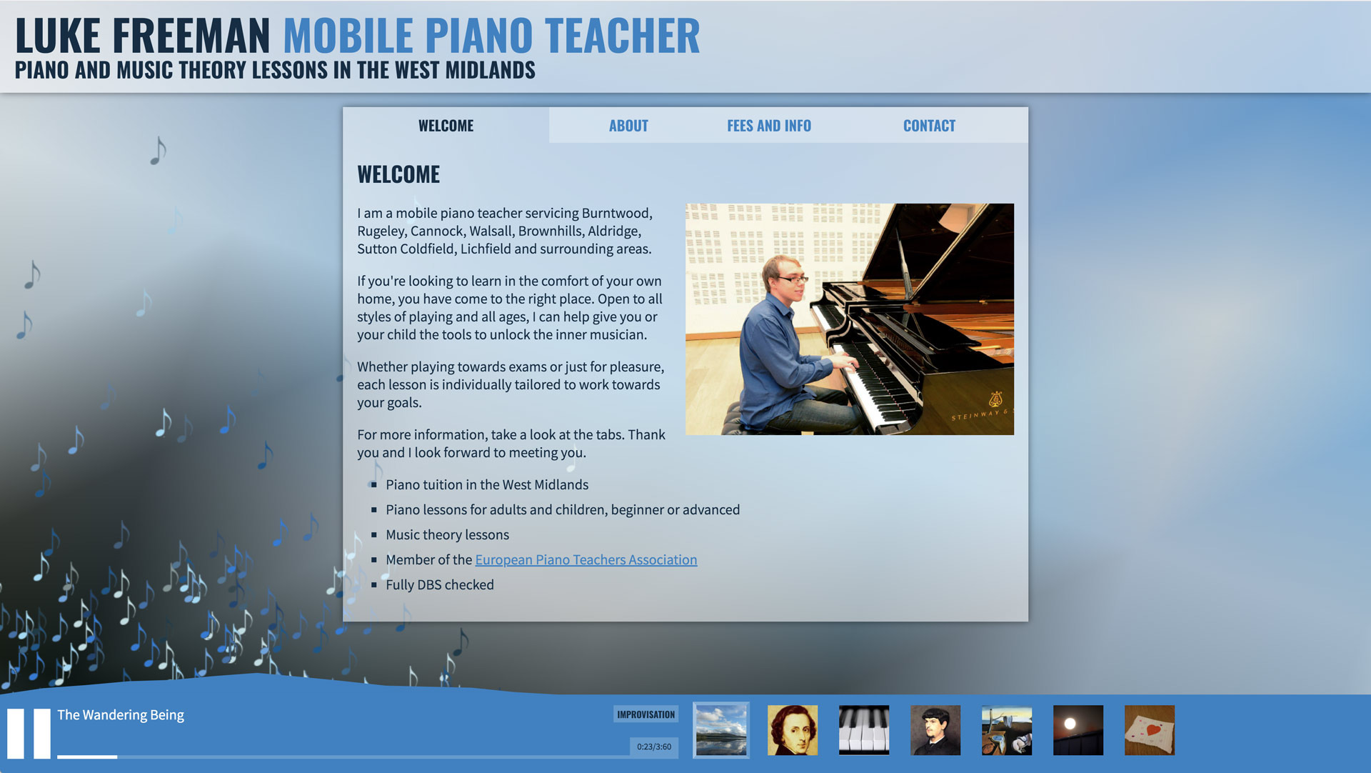 For the display font, I chose a long and straight font to echo a piano keyboard. Client requested blue as the default colour.