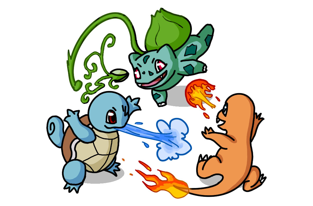 An illustration of Bulbasaur, Charmander and Squirtle playing.